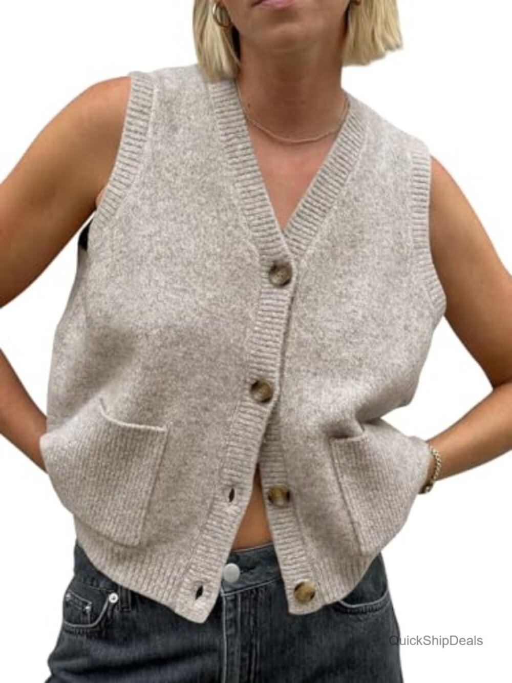 Sleeveless Sweater Vest Button V Neck Knit Casual Summer Cardigan with Pockets